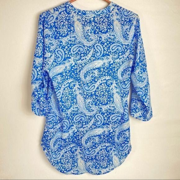 4/$25 Antilia Femme Top Blouse Tunic Blue Paisley 3/4 Roll Tab Sleeve Women Sz S - Picture 12 of 12